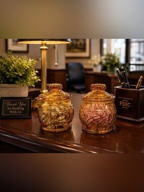Vtg Wheaton Amber Glass Jars with Lids 3D Bullseye design Decorative